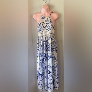 Noracora Blue and White Sleeveless Halter Maxi Dress size small sundress
